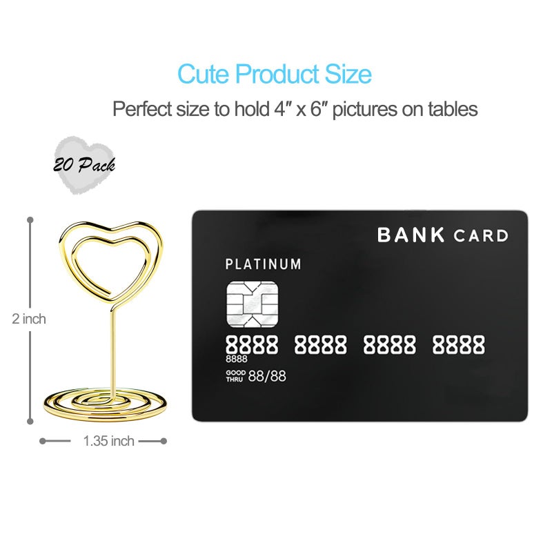 Jofefe 20PCS Mini Table Number Holders, Heart Shaped Place Card Holder, Premium Photo Holders for Tables, Table Sign Holders Card Stands Menu Clips for Wedding Valentine's Day Table Decor, Gold - Image 2